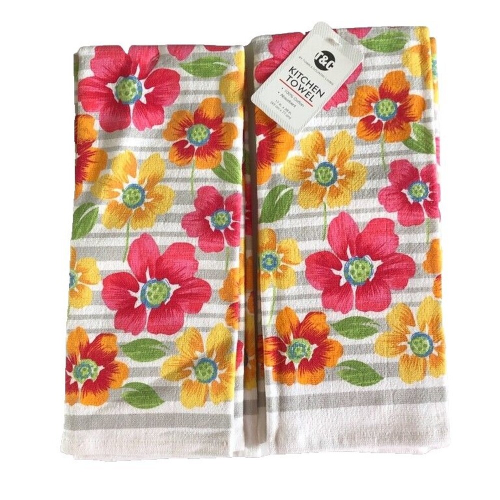 Floral Flowers Kitchen Dish Towels 17x28 Absorbent 100% Cotton Set of 2